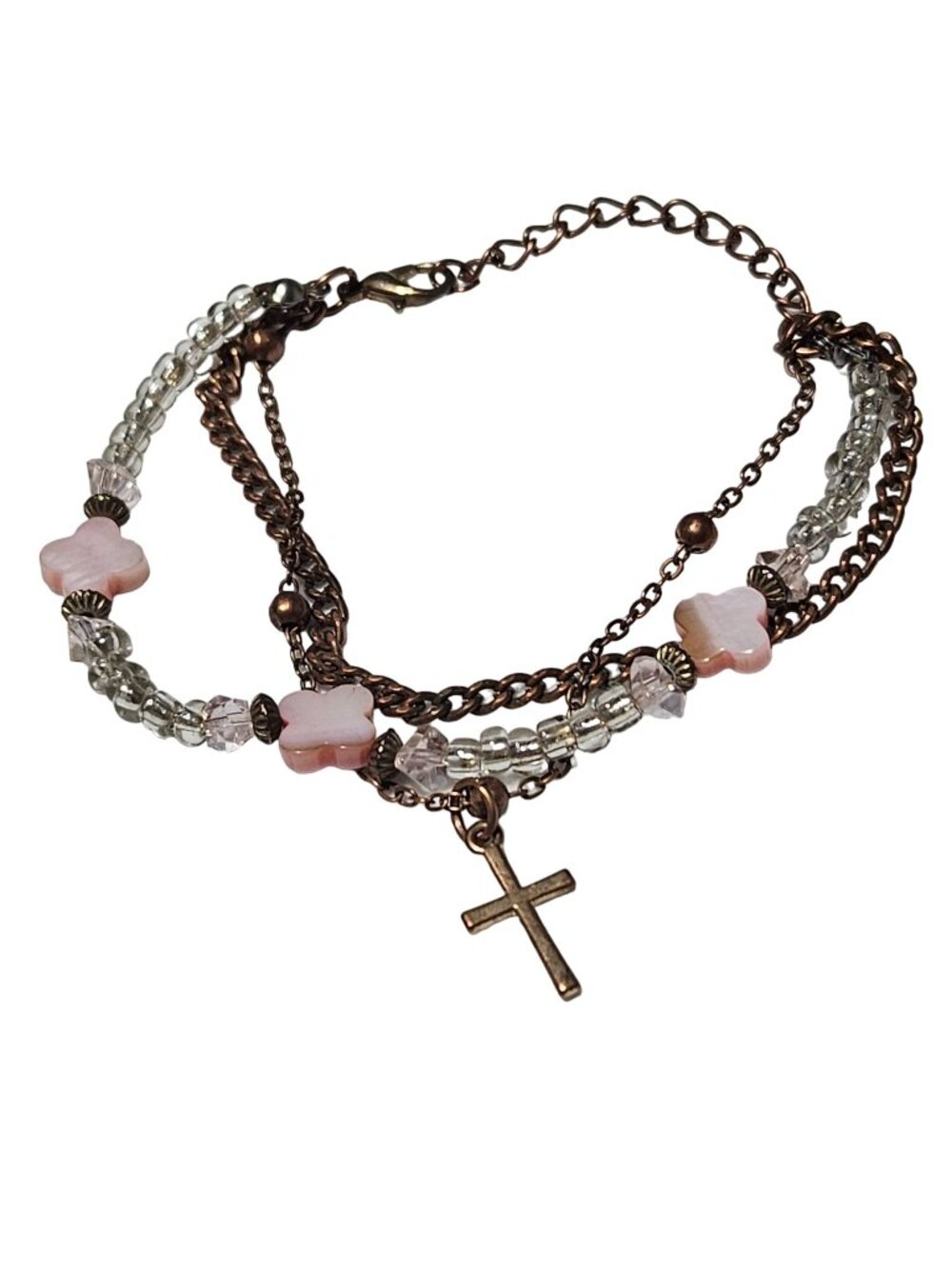 Religious Charm Bracelet Pink Flower Clear Beads Bronze Chain Cottagecore Women